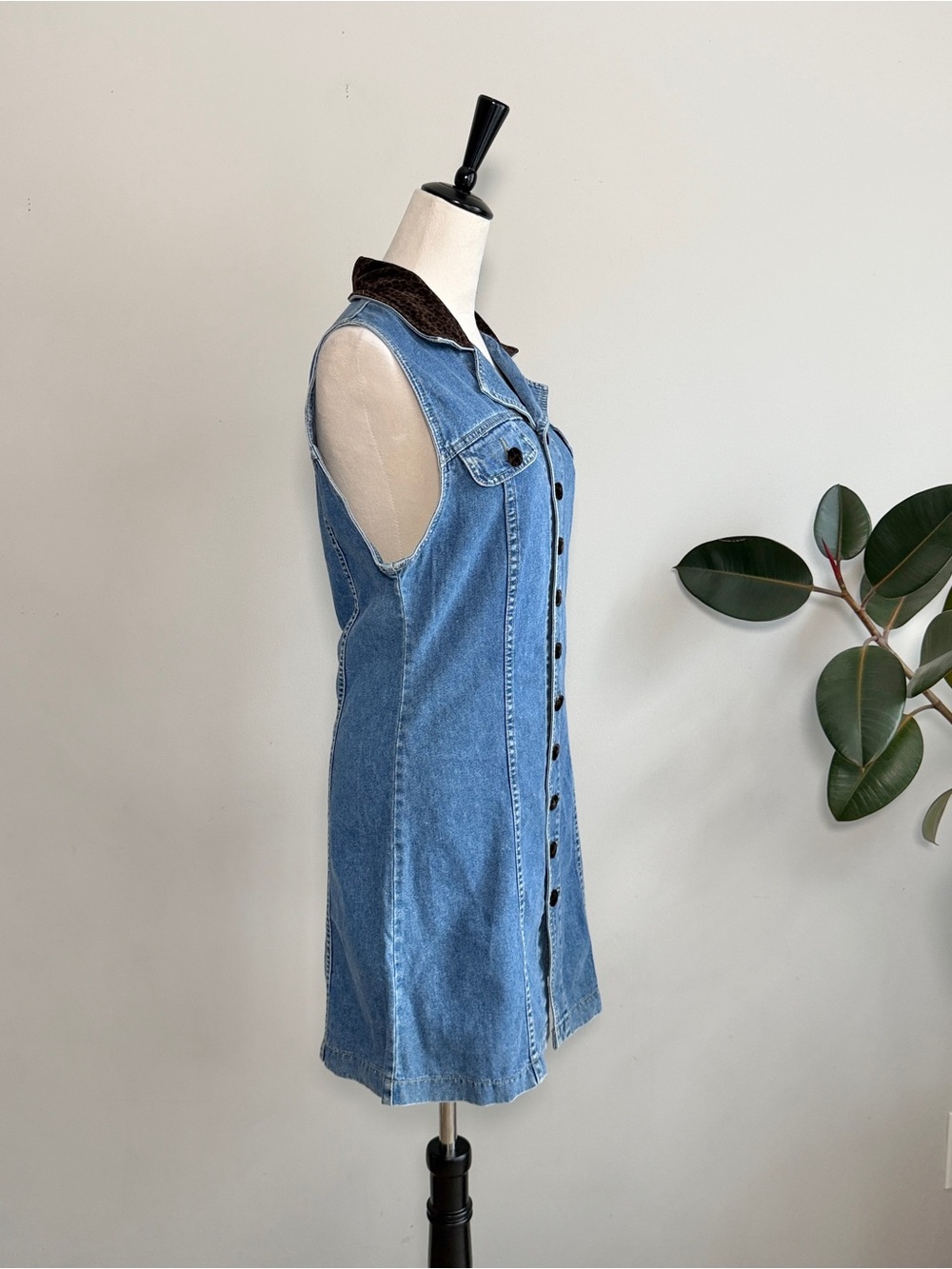 Vintage Denim Velvet Animal Print Collar And Buttons Mini Dress 6 - Picture 5 of 6